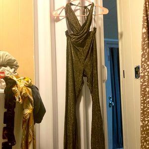 Sparkly Bronze Gold Backless Halter Jumpsuit Windsor size M